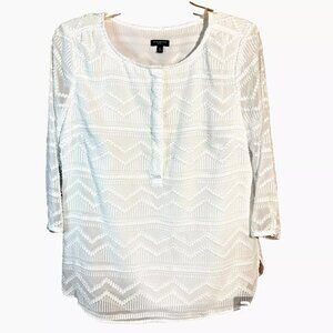 Talbots Petites Chevron Henley Blouse Mp White Sheer Sleeves Lined Classic Chic
